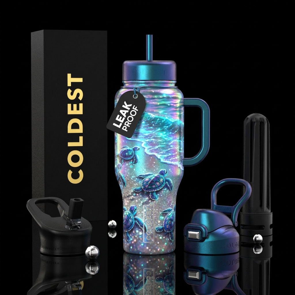 Baby sea turtles, sand, ocean, seashore,, shiny, g... water bottle design