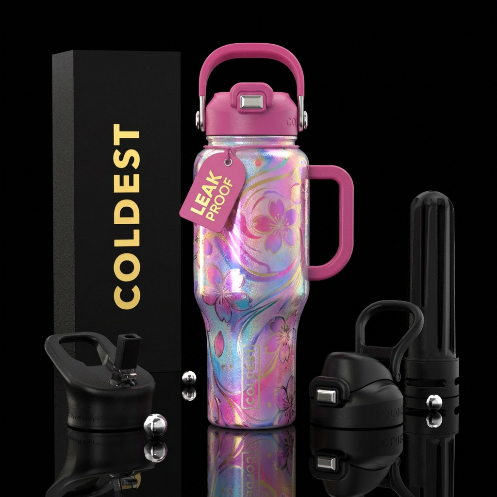 shimmer, fantasy, whimsical, cherry blossom water bottle design