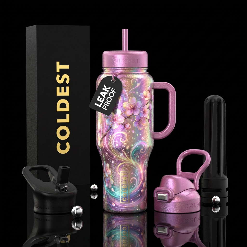 shimmer, fantasy, whimsical, cherry blossom water bottle design