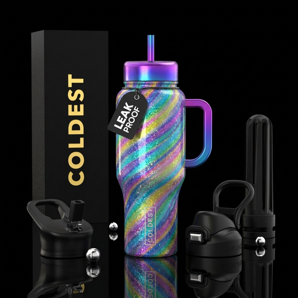 sparkly, shiny, whimsical, irridescent, spirals, m... water bottle design
