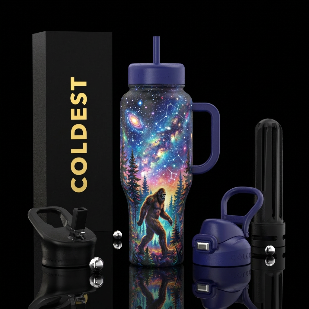 Bigfoot, realism, trees, starry night water bottle design