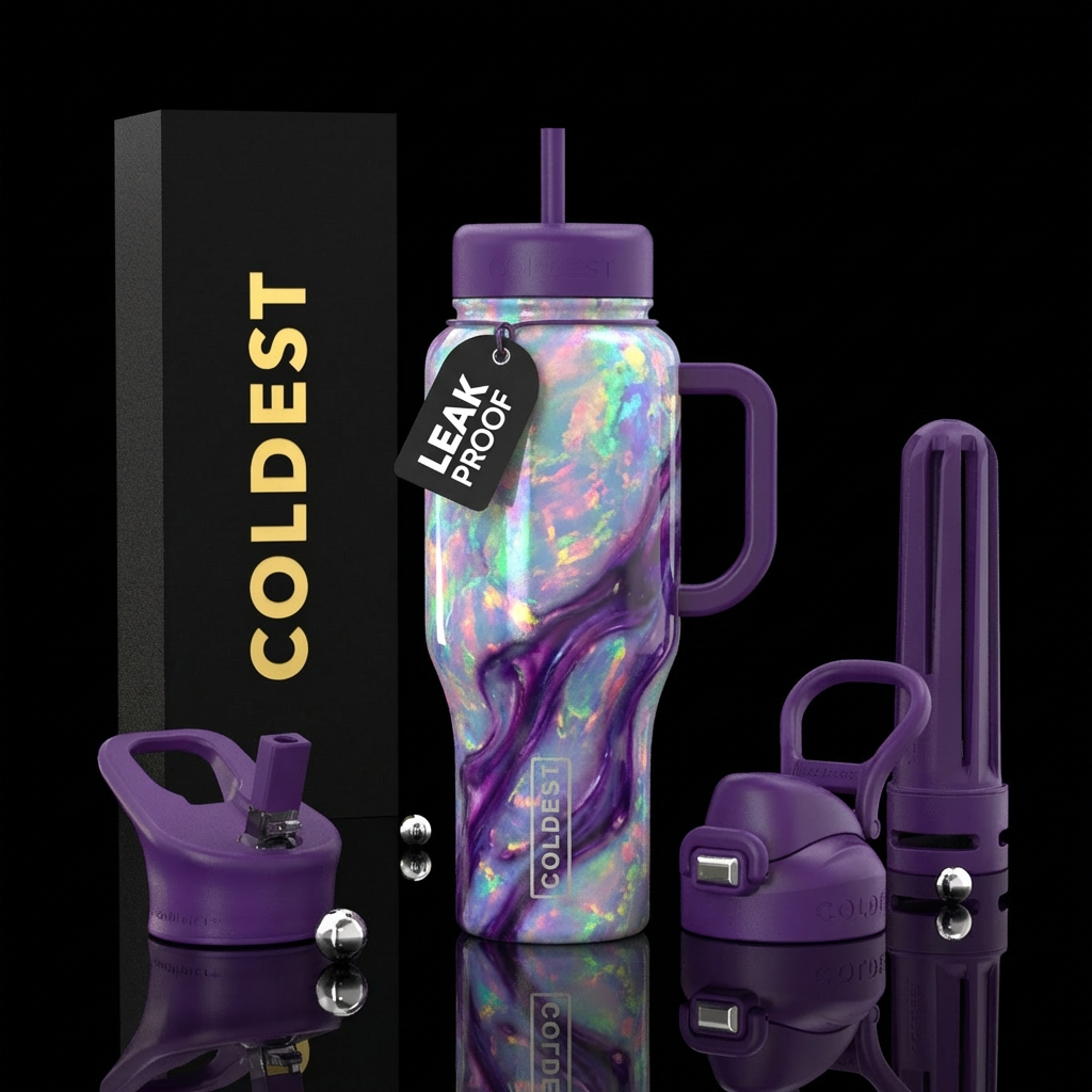 Opals with purple swirls, irridescent, whimsical water bottle design