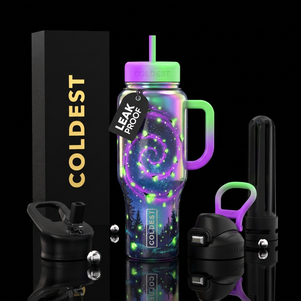 Neon purple and Neon green fireflies, starry woode... water bottle design