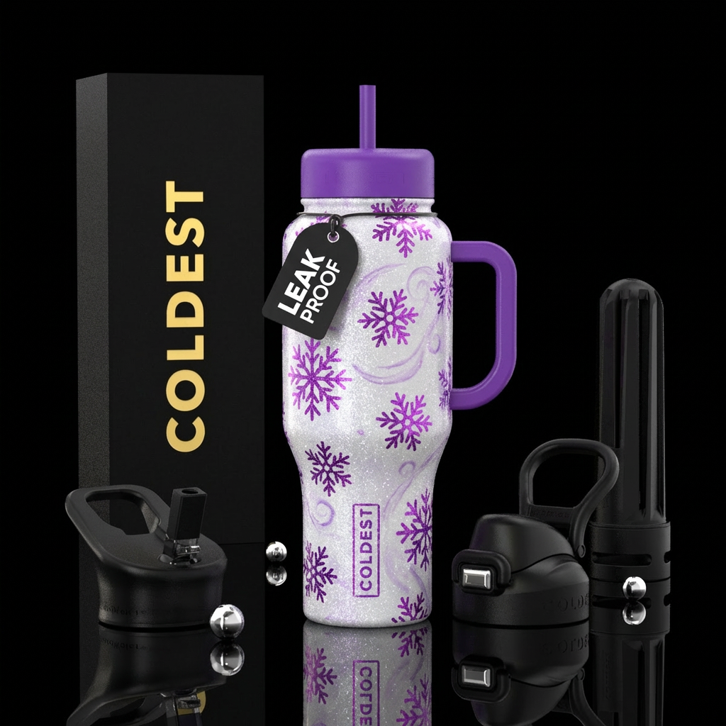 Glittery white background, purple snowflakes with ... water bottle design