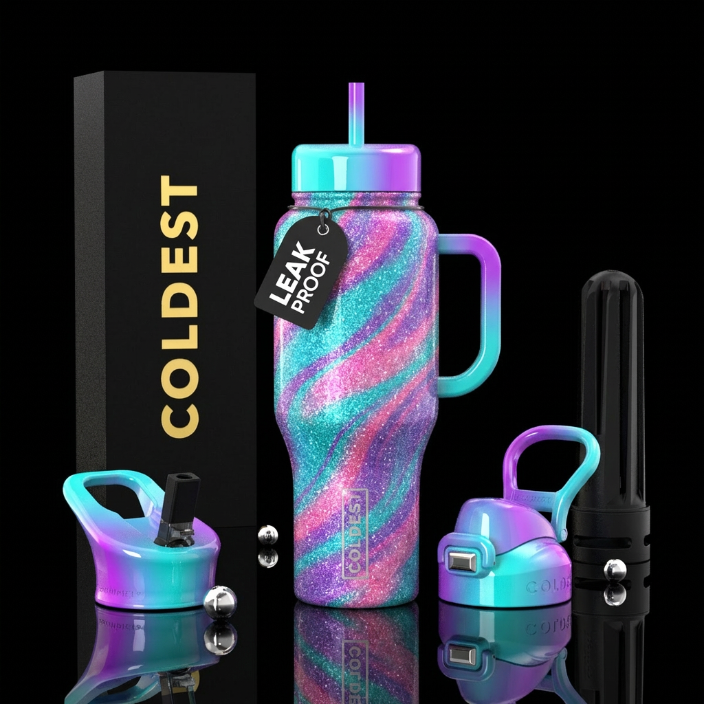 Turquoise, pink, purple glittery background, swirl... water bottle design