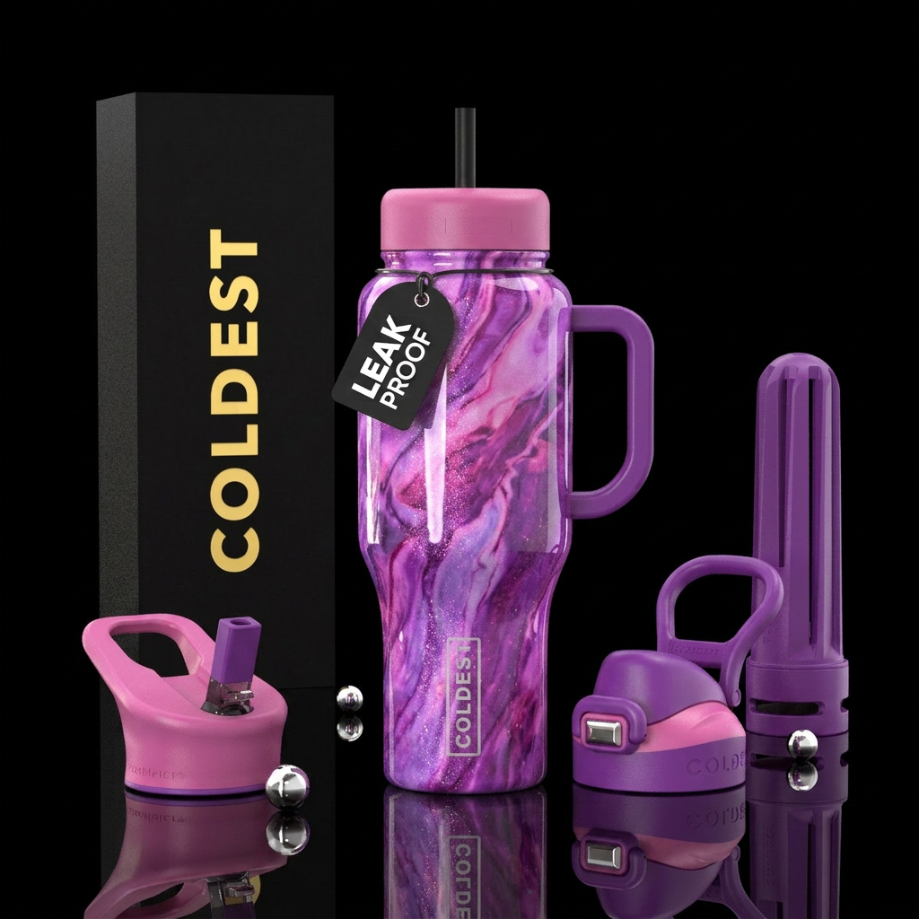 Purple, pink marble finish, shiny, glitter water bottle design