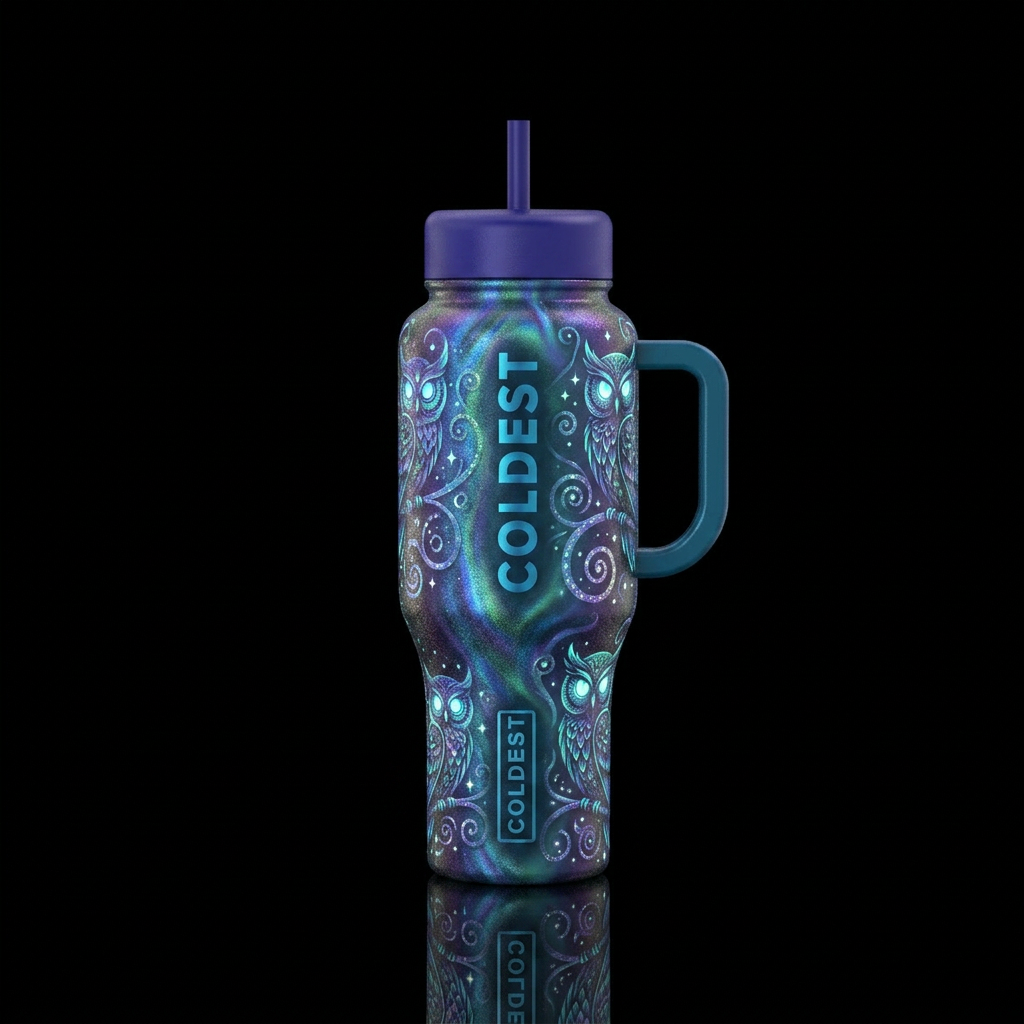Owls, glowie, sparkly, magical, whimsical, spirals... water bottle design