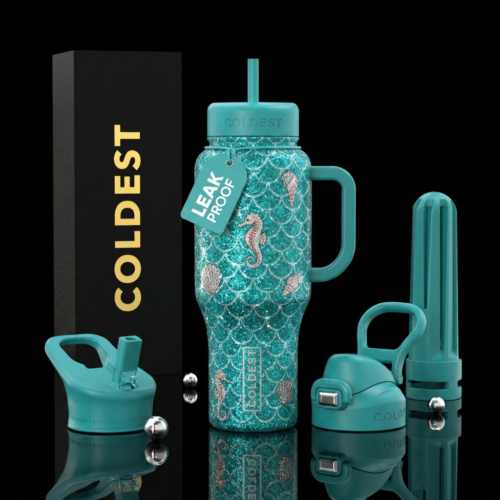 Teal glitter mermaid scales for background, small ... water bottle design