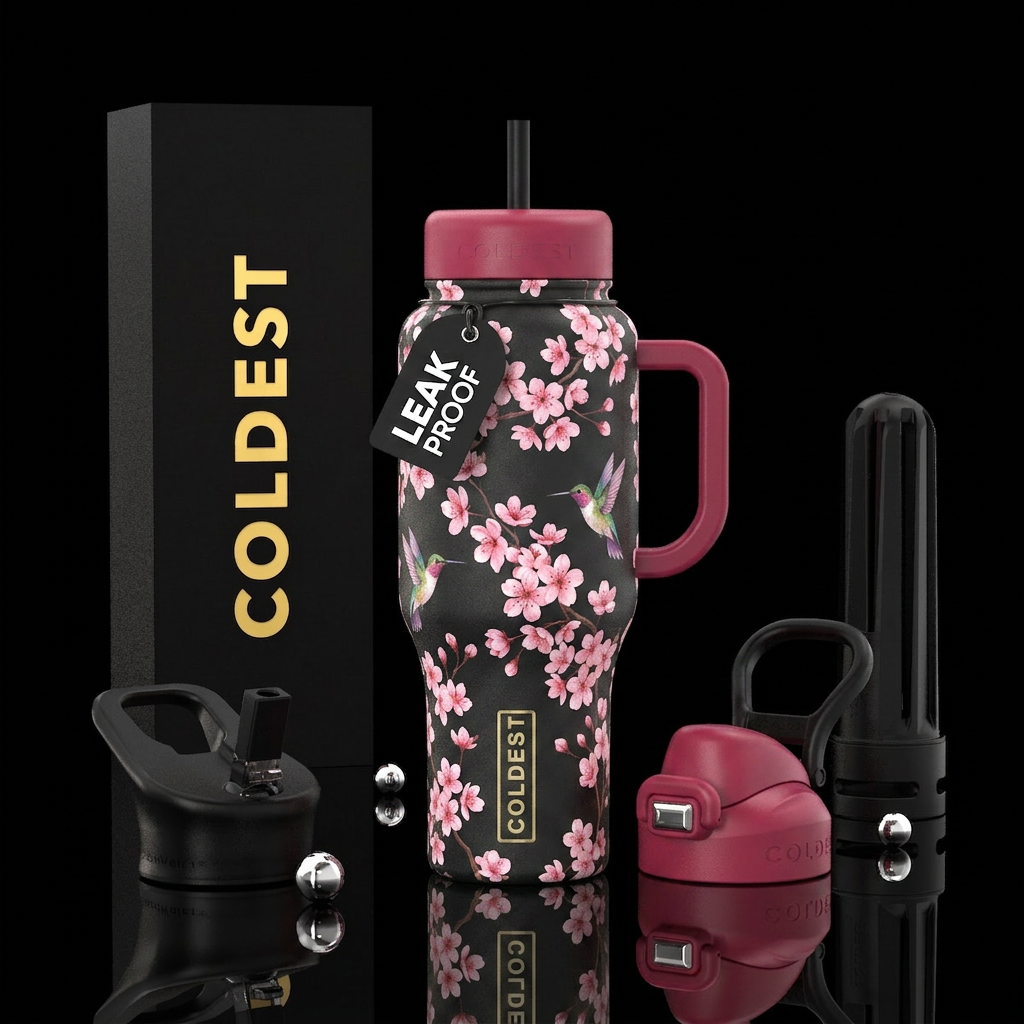 Cherry blossoms, hummingbirds,, delicate water bottle design