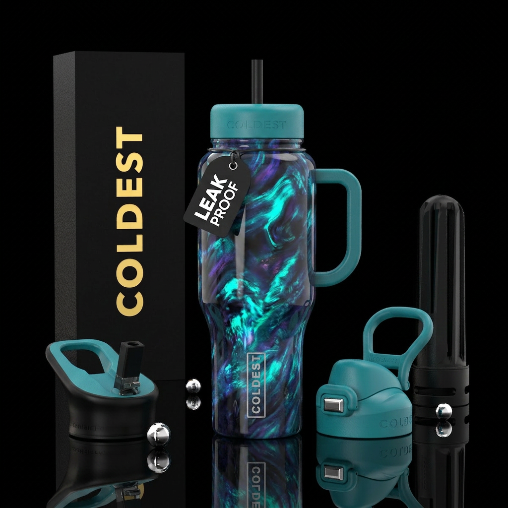 Magical, black and teal opal water bottle design