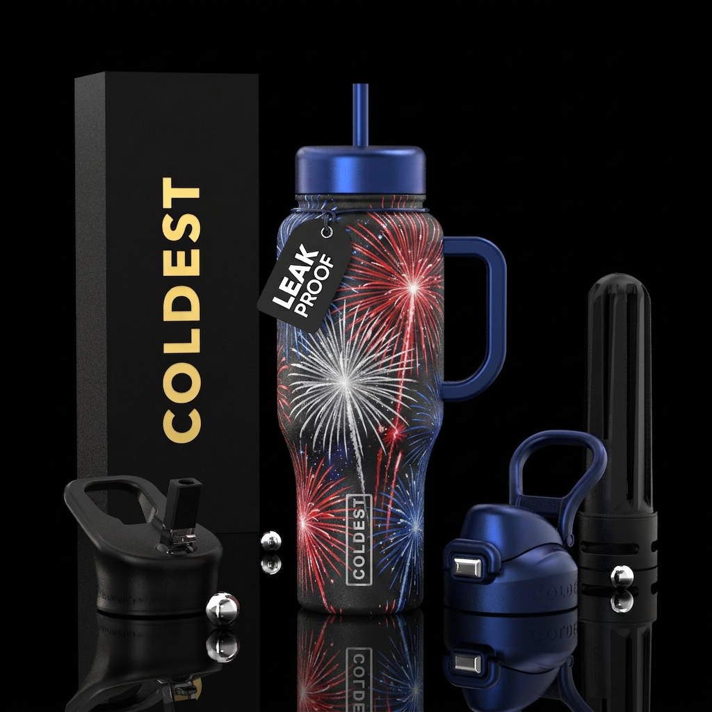 Fireworks, red, white and blue, patriotic, celebra... water bottle design