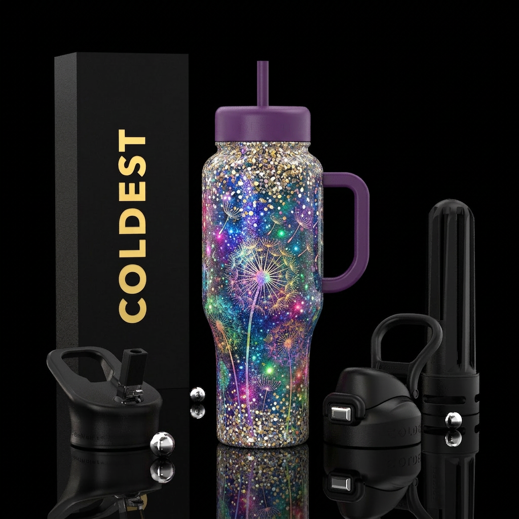 Colorful background, glitter, dandelion, sparkly water bottle design