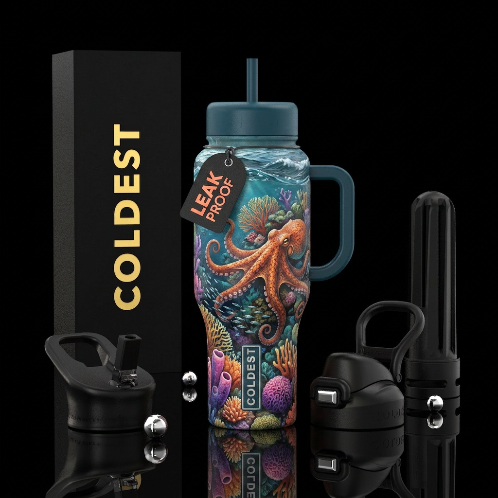 Coral reef, sea, octopus, waves water bottle design