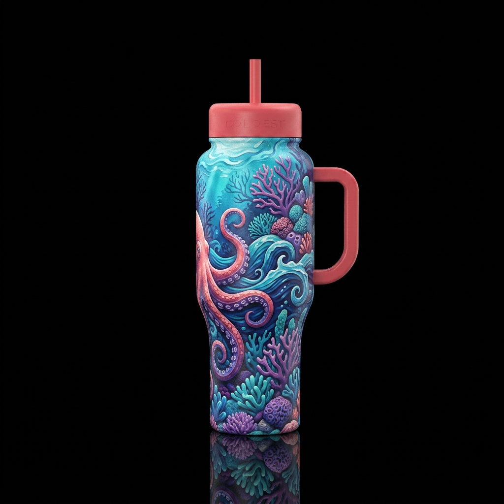 Coral reef, sea, octopus, waves water bottle design