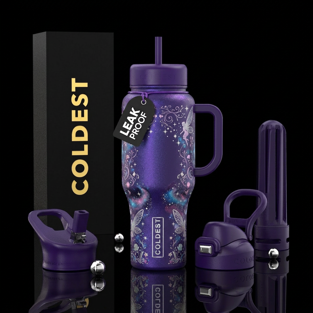 Fairy, whimsical, magical, purple water bottle design