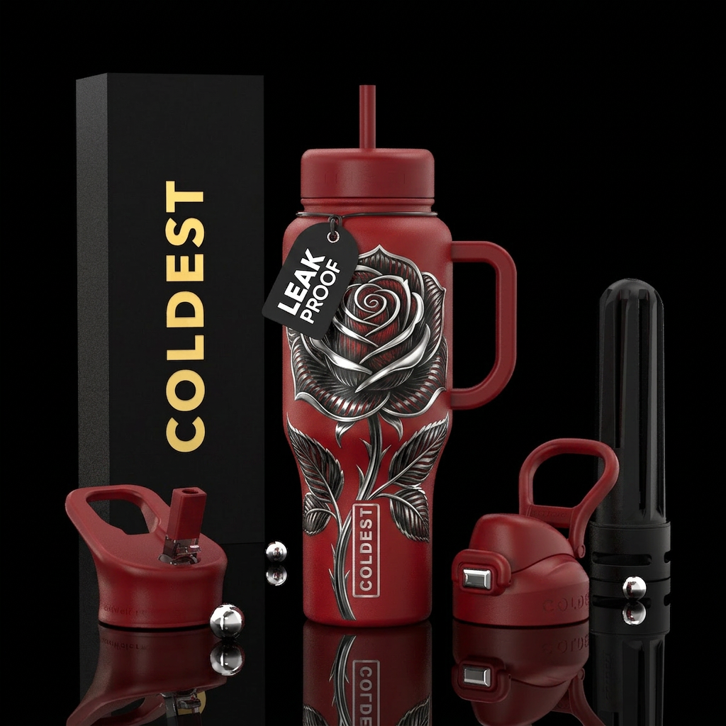 Deep red with black and silver rose water bottle design