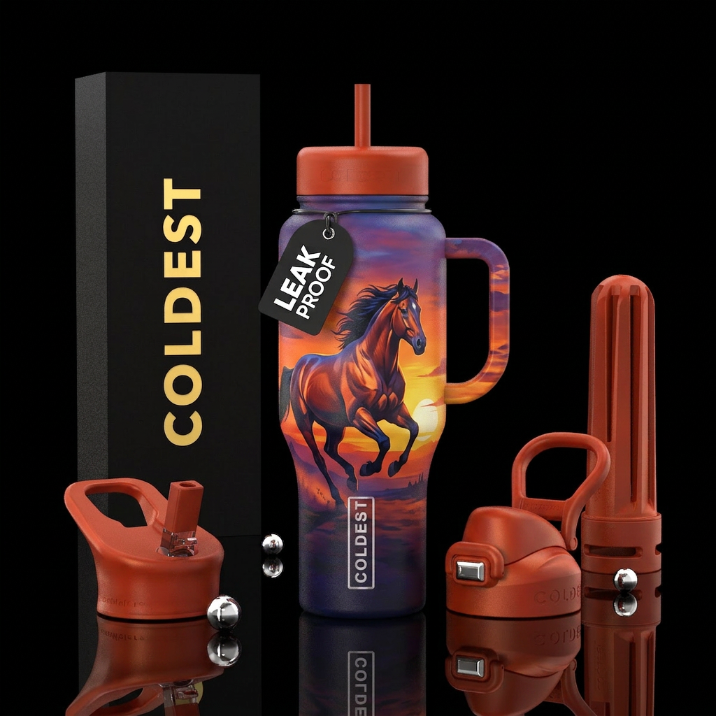 Running horse in the sunset water bottle design