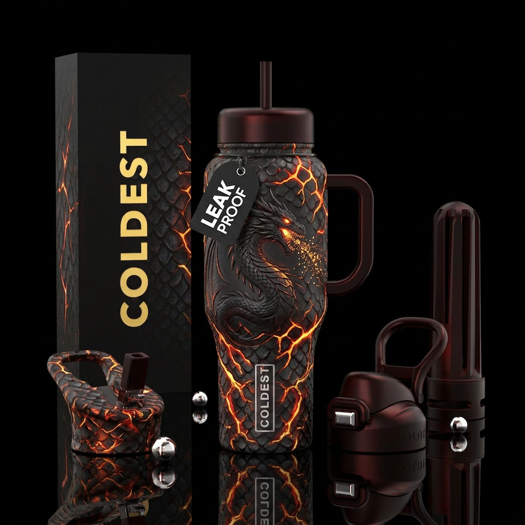 firery, dragon, darkness, glowie water bottle design