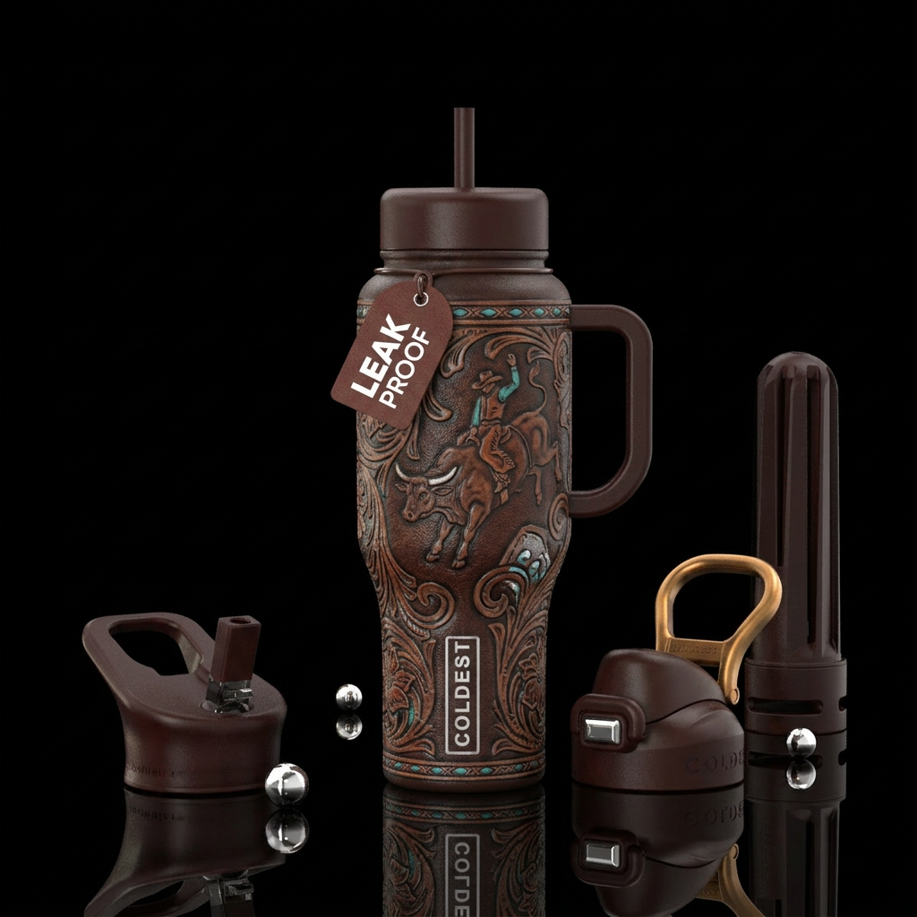 bull riding western, leather water bottle design