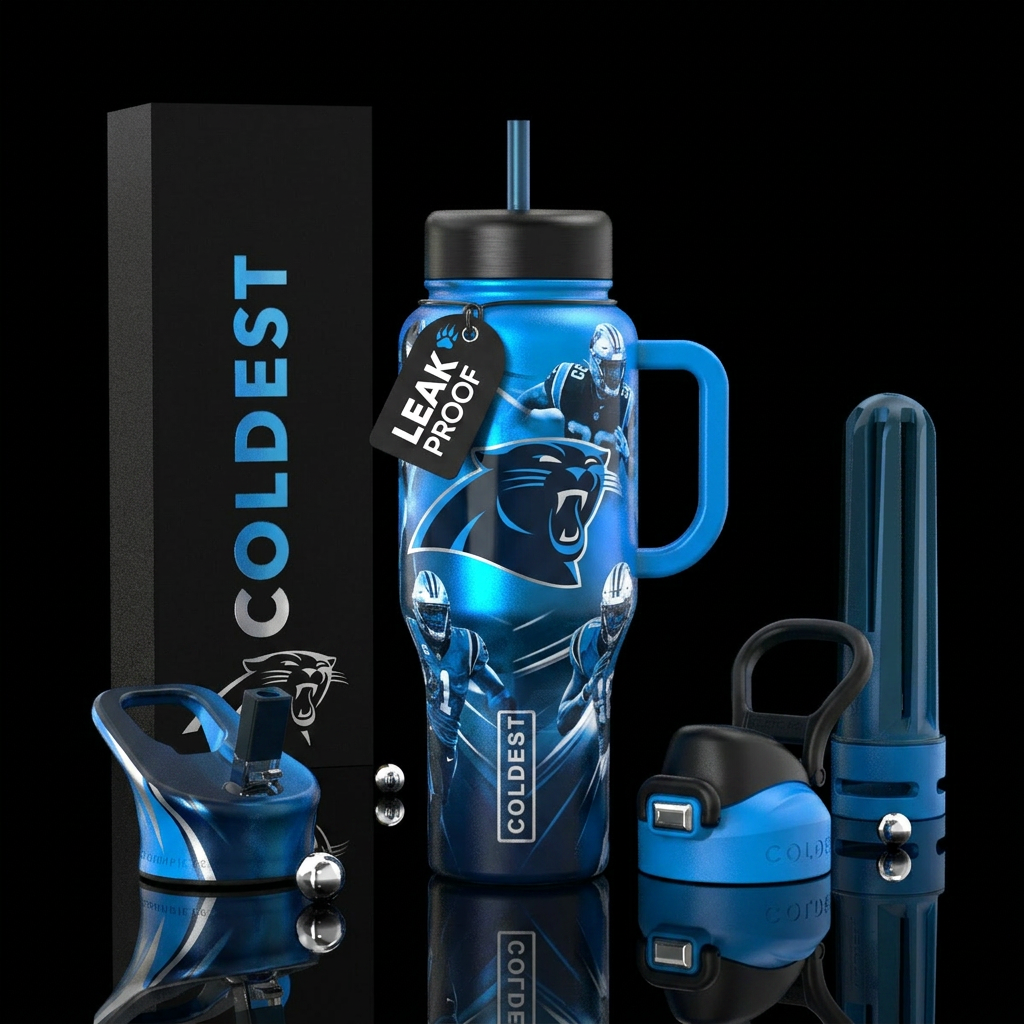 NC Panthers football water bottle design