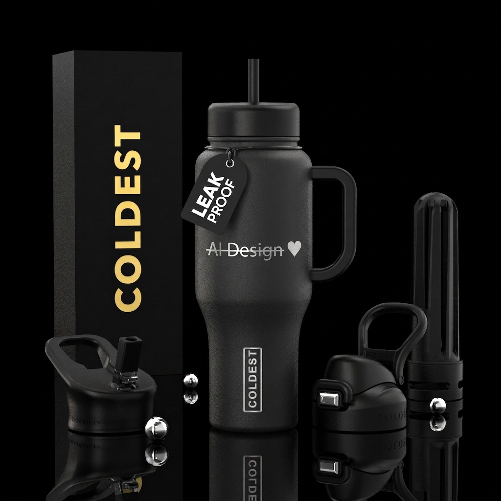 "AI Design" crossed out and "♥" drawn beside it water bottle design