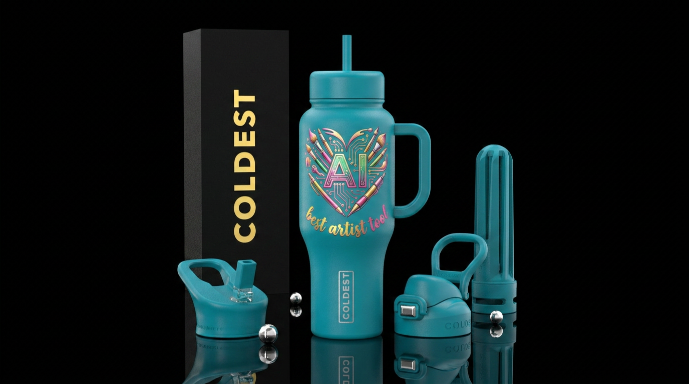 "AI" inside of a heart "best artist tool" water bottle design