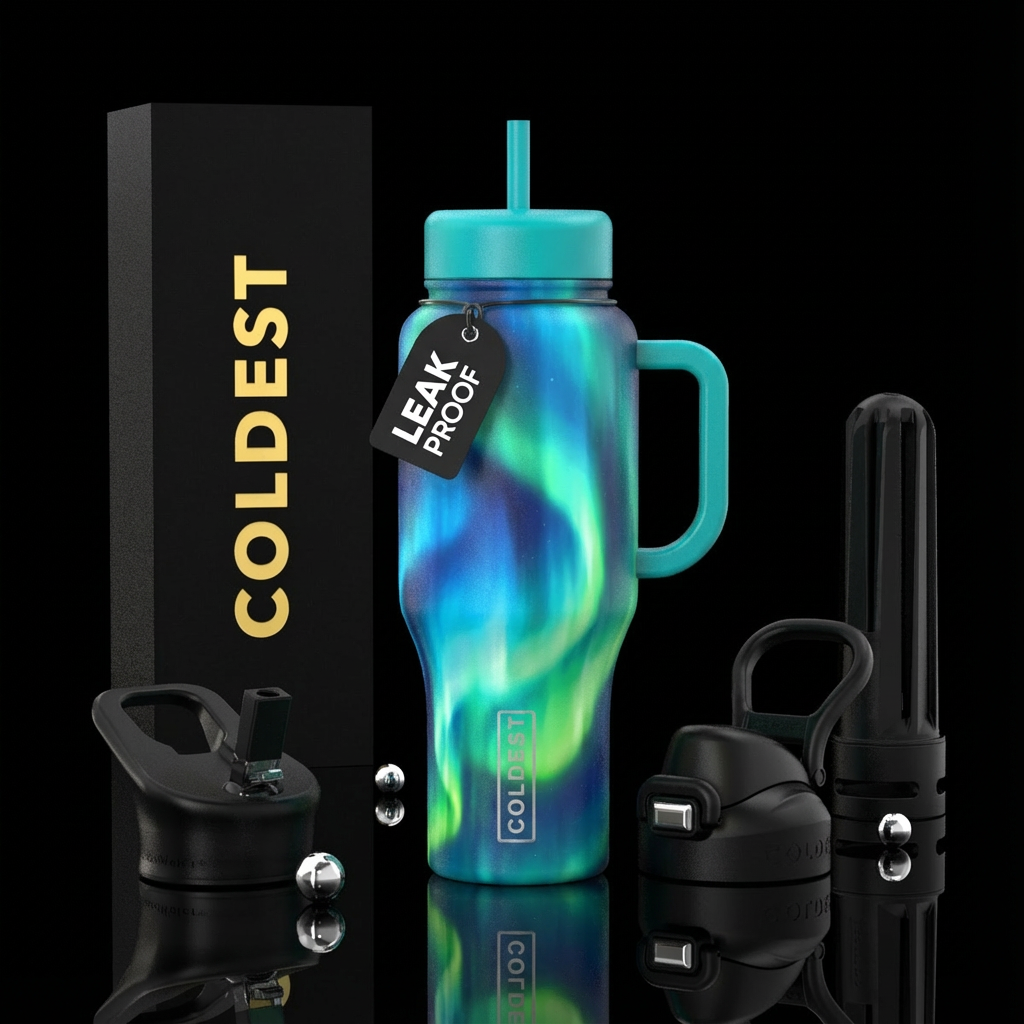Blue and green aurora water bottle design