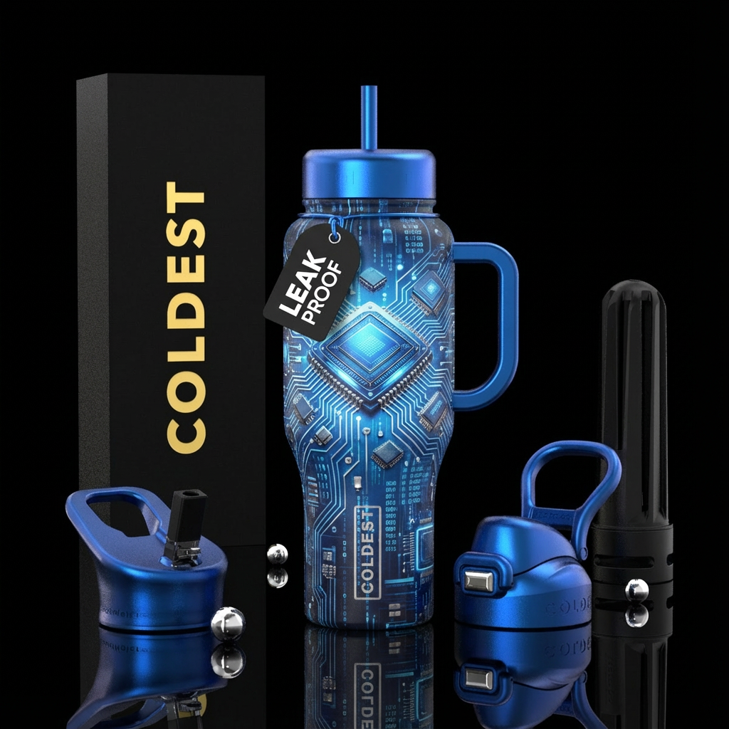 High tech computer gen with blues and silver water bottle design