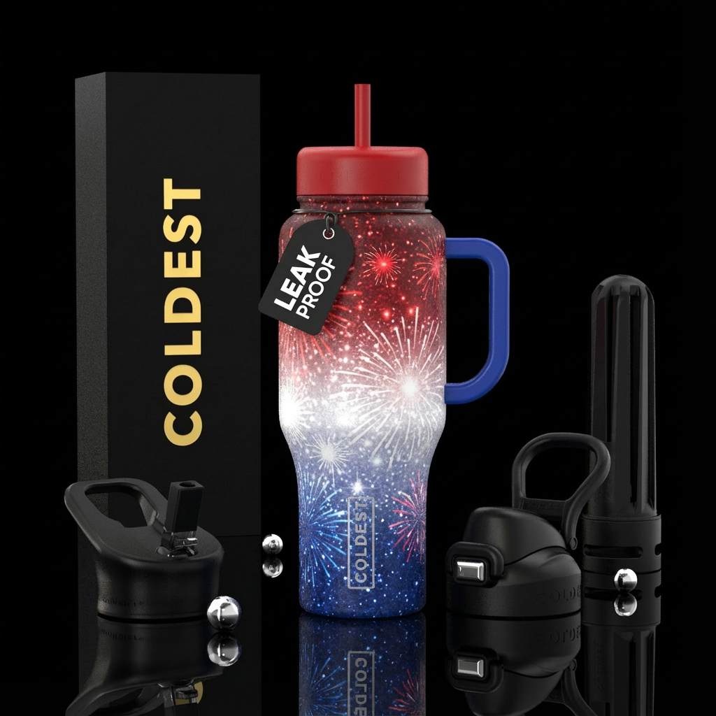 Red to white to blue sparkles with small fireworks water bottle design