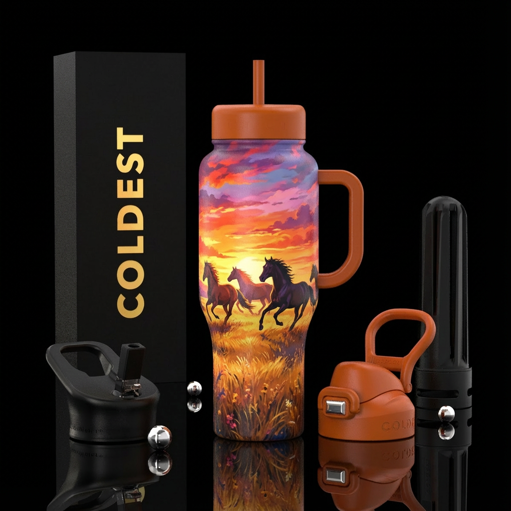 Wild horses running with sunset and fields water bottle design