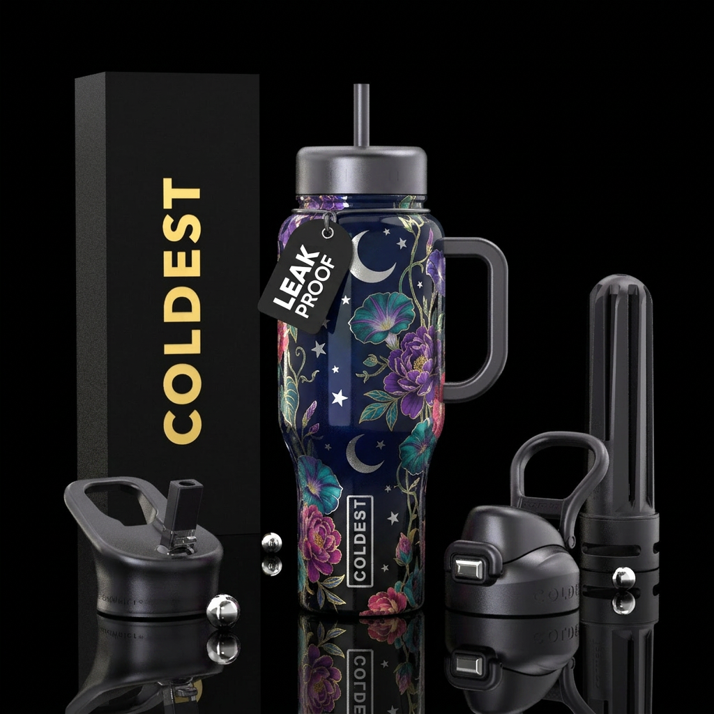 Base color: Deep midnight navy fading into black M... water bottle design