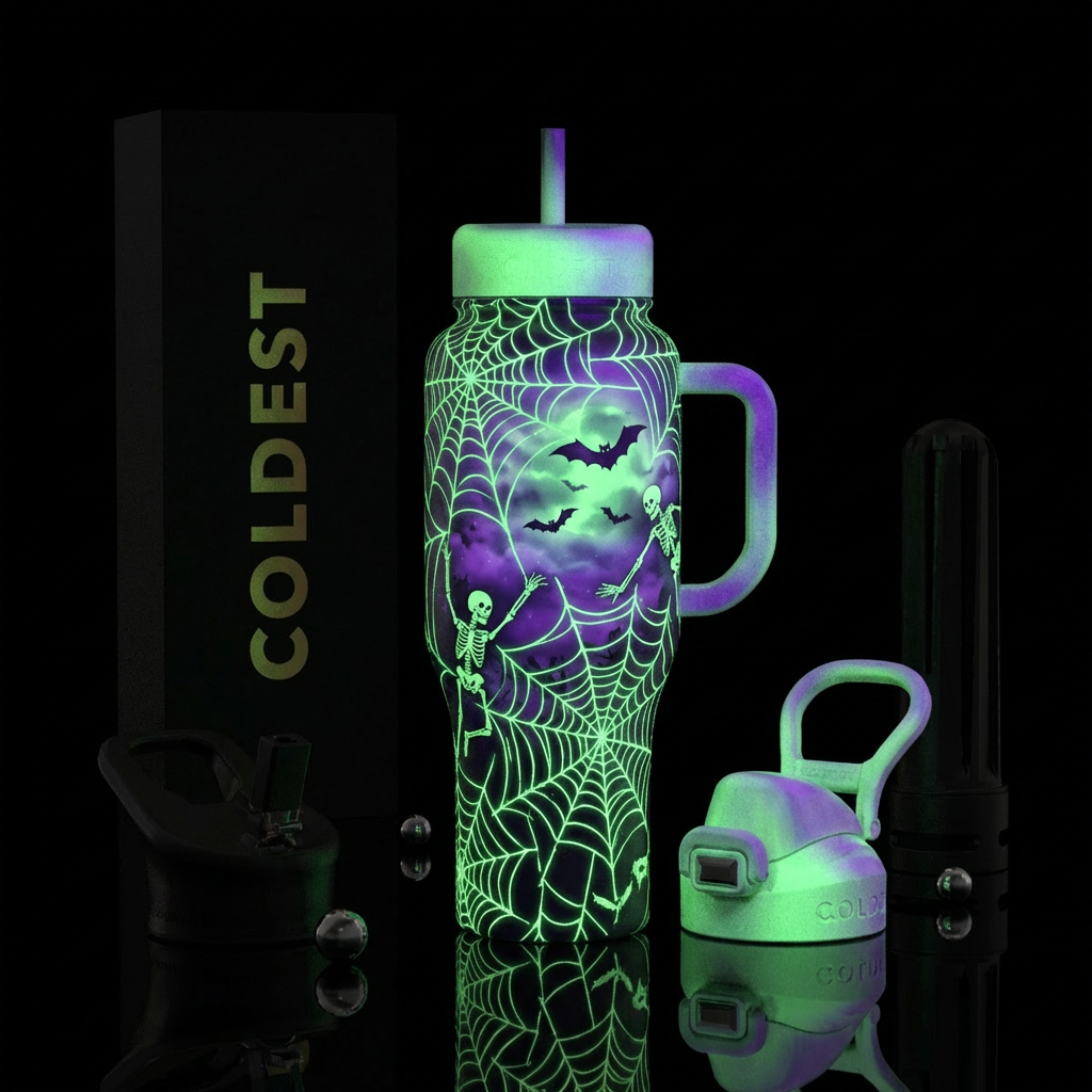 Spiderweb green neon glowie, ouigie board, skeleto... water bottle design