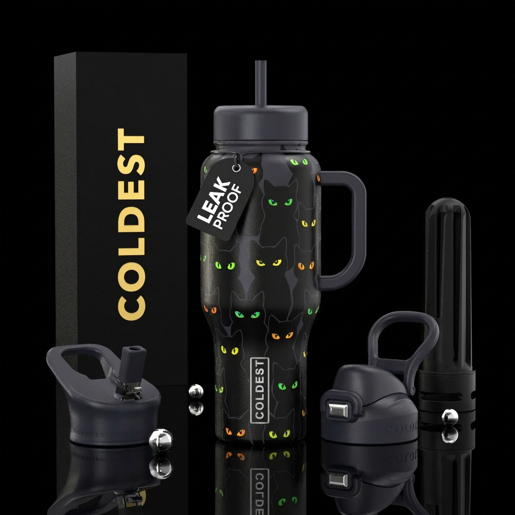 Black cats on black bottle glowing eyes water bottle design