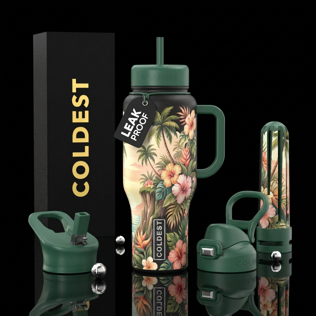 Tropical flowers and palm trees draping down a cli... water bottle design