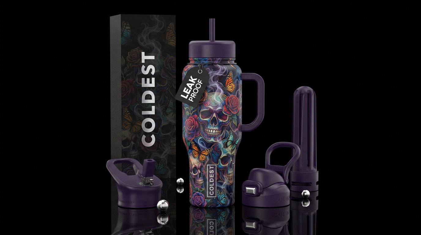 Skulls and roses, smokey, butterfly, seamless water bottle design