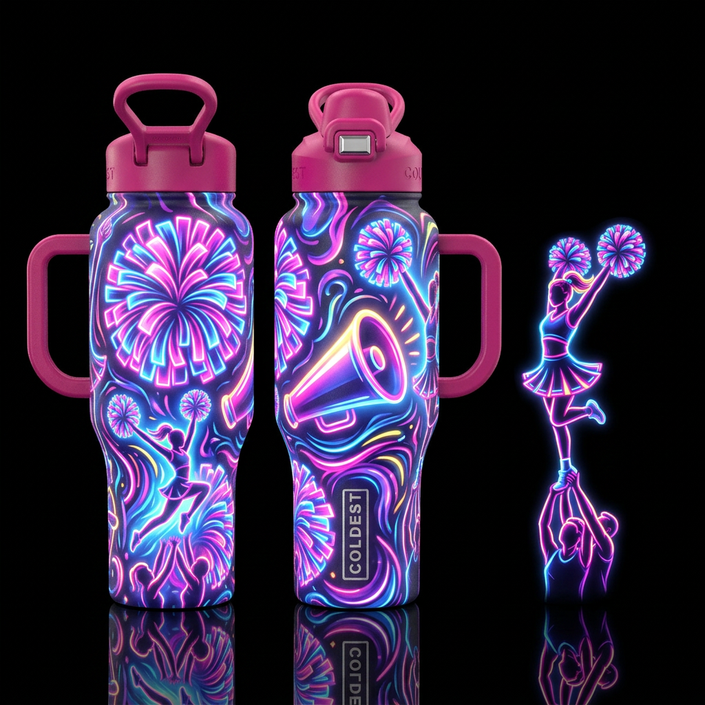 Cheerleading pom poms megaphones that are glowie, ... water bottle design