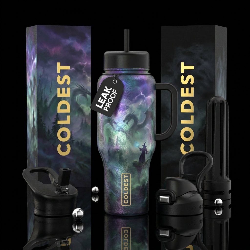 glowie, misty forest dragons and wizards.  Stormy ... water bottle design