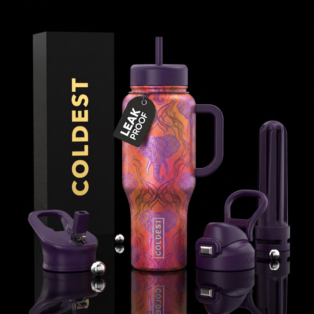 Ombre orange pink red shimmer, purple elephant sah... water bottle design