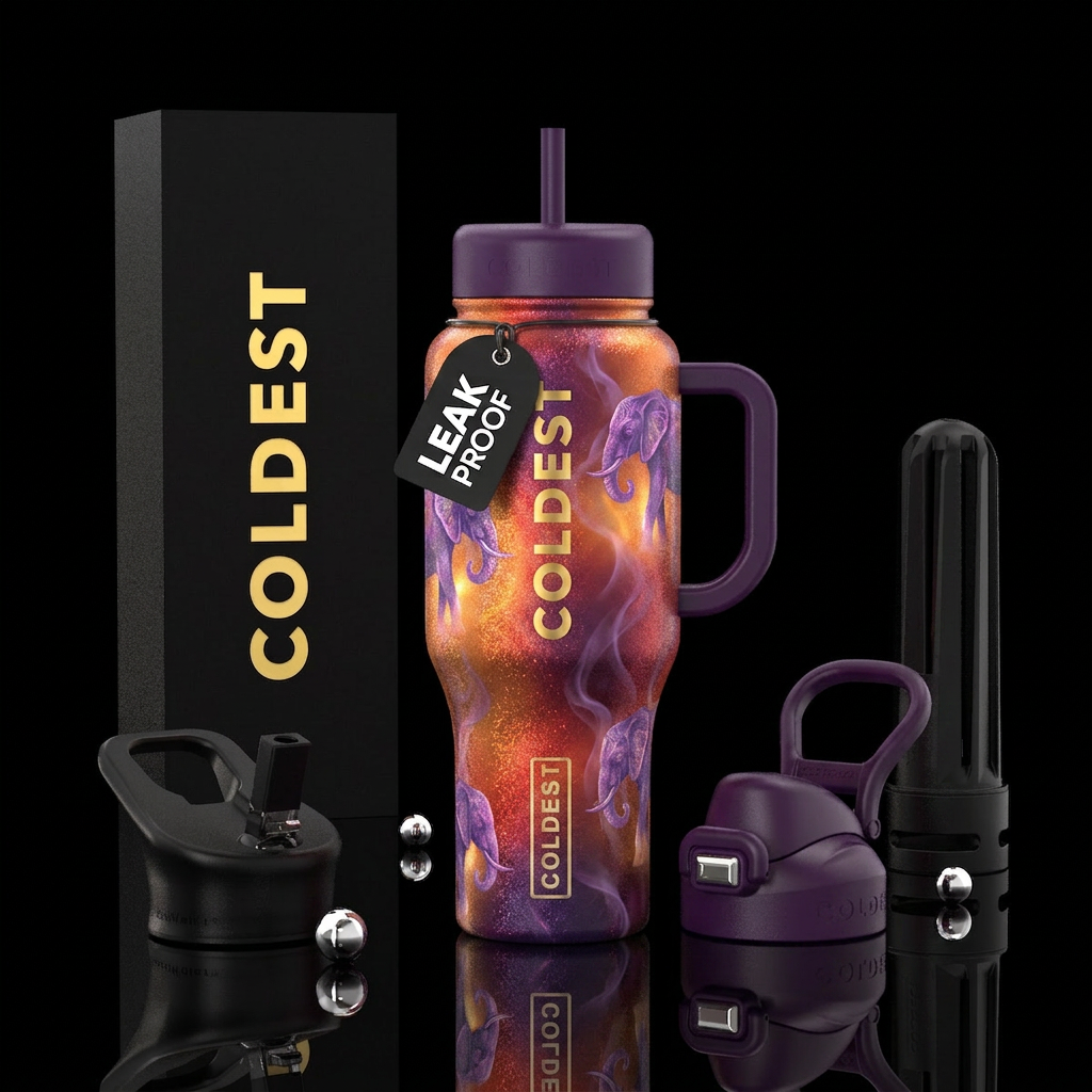 Ombre orange pink red shimmer, purple elephant sah... water bottle design