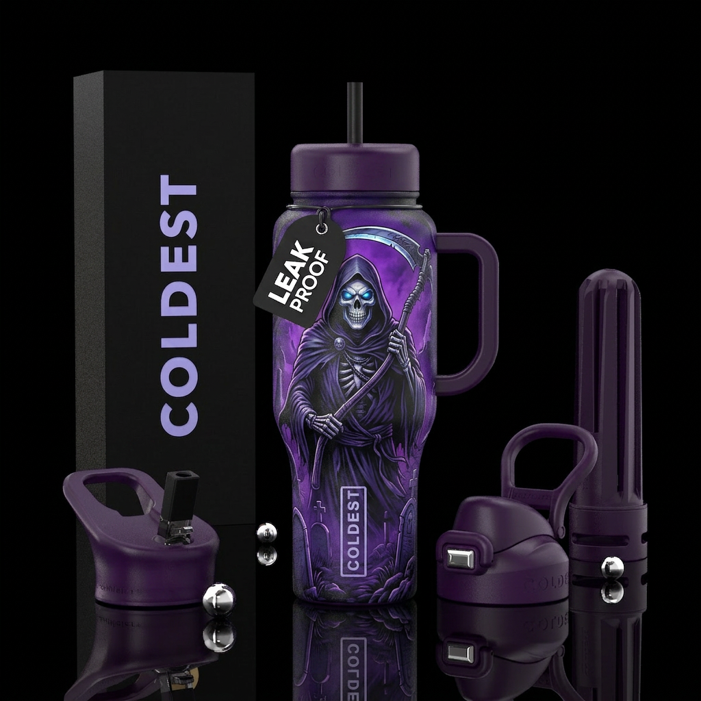 Grim reaper cape and hood skull face  bright blue ... water bottle design