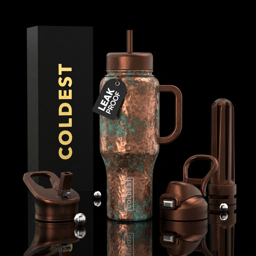 copper, distressed, rustic, rugged water bottle design