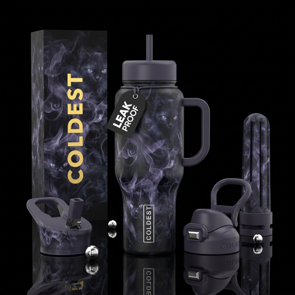 smoke, haunted, cat, darkness,, scary water bottle design
