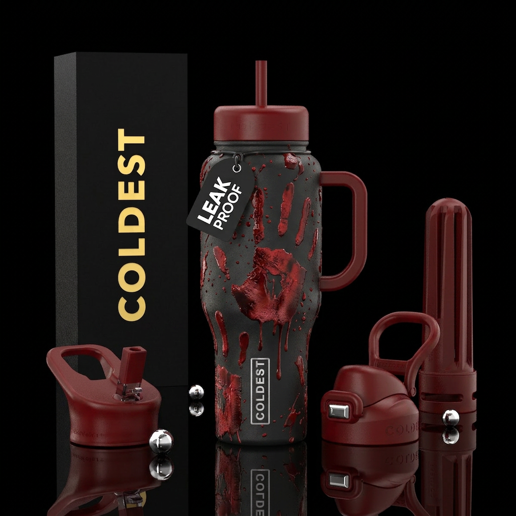 Blood splatter, dripping help me hand prints water bottle design