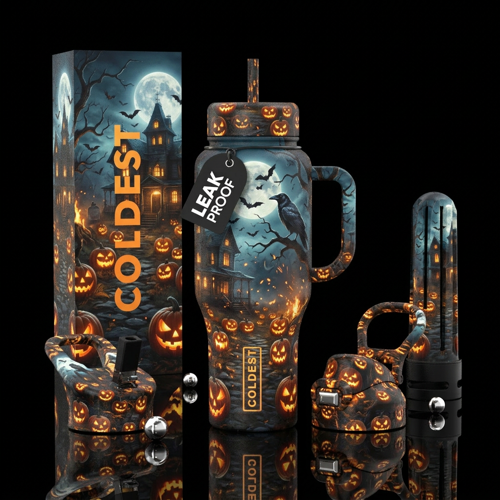 Sparks haunted house jack o lantern bats crow water bottle design