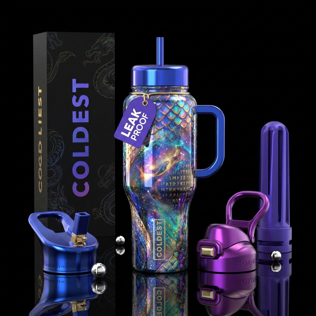 vibrant, shiny, mythical, mystical water bottle design
