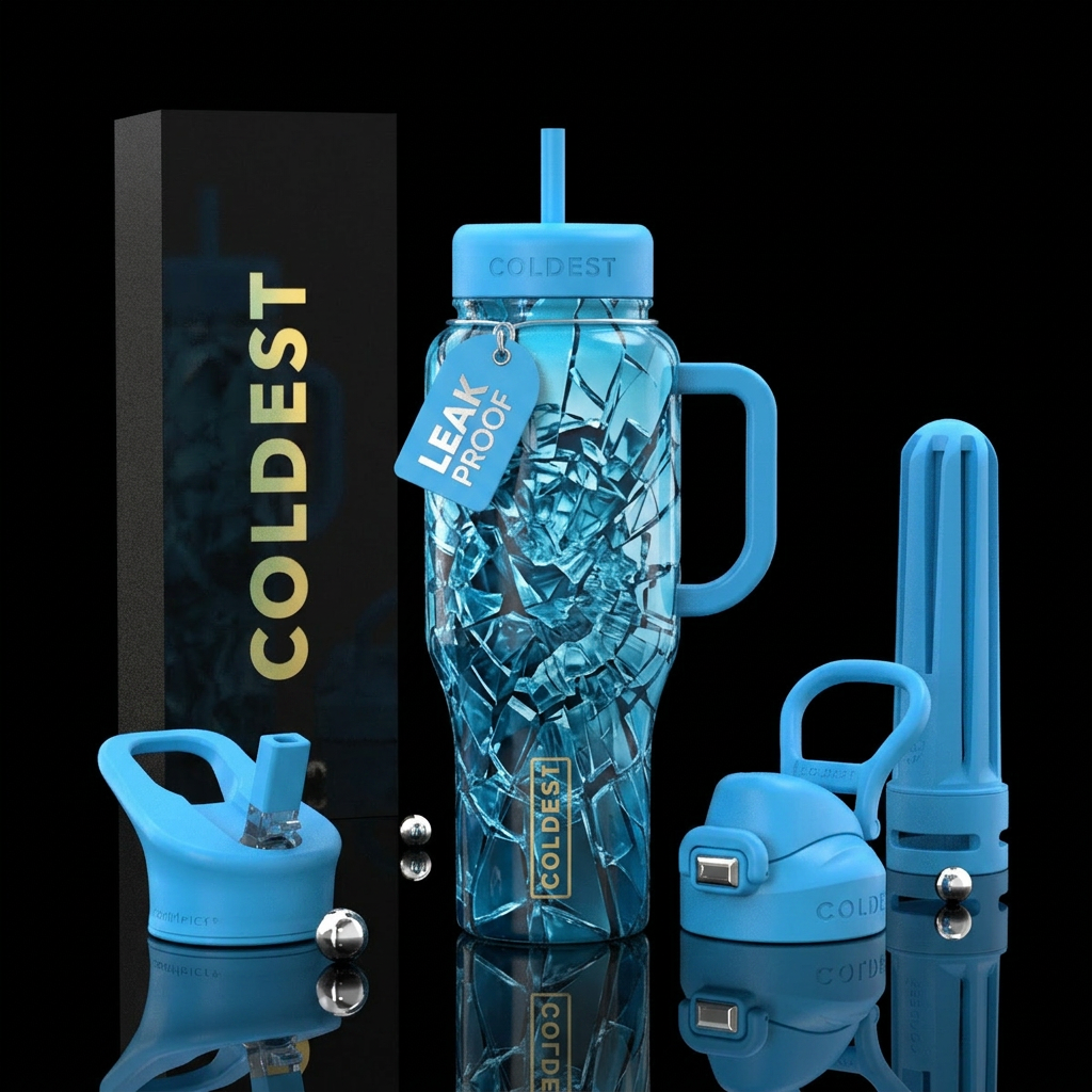 Exploding glass shattering artic blue water bottle design