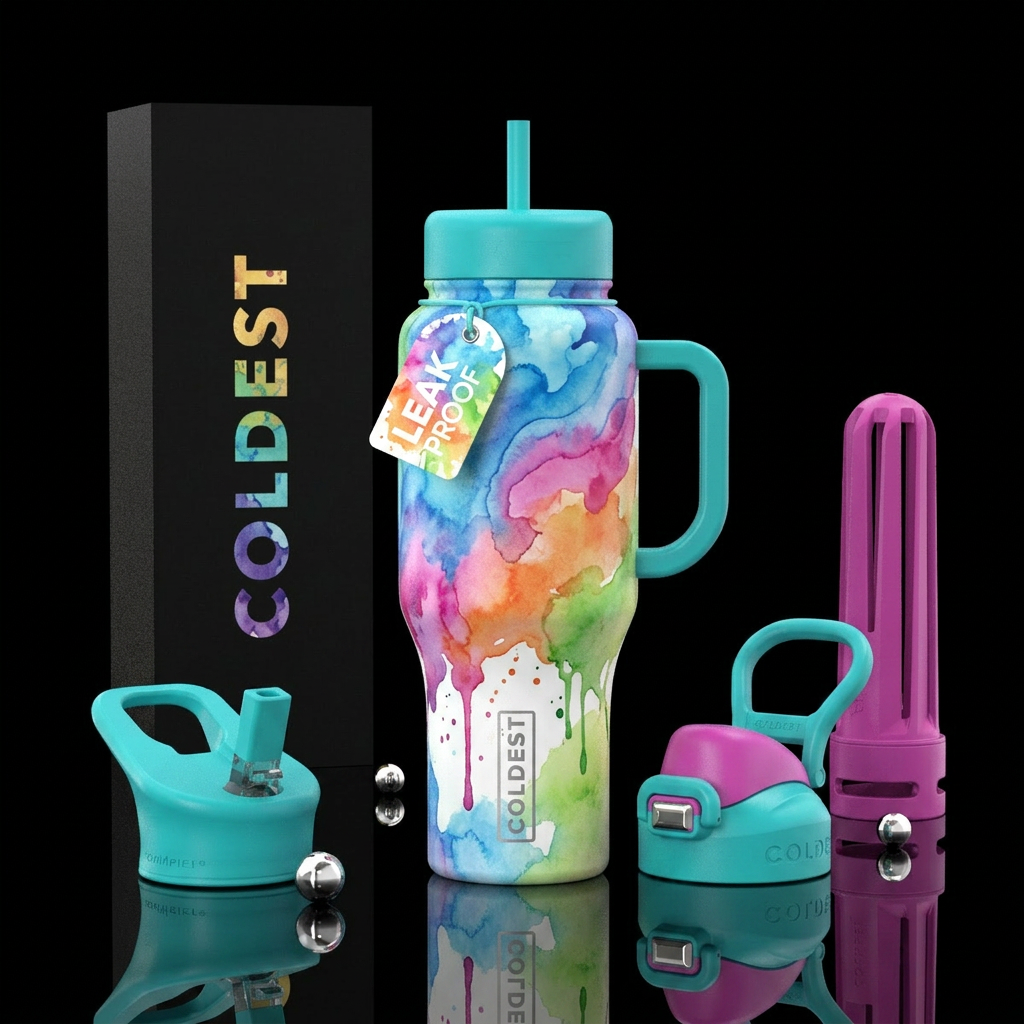watercolor, happy mood, dripping splatter water bottle design