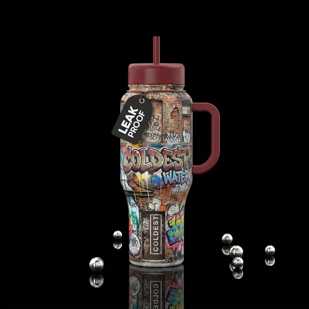 graffiti art, spray painted, dripping old brick bu... water bottle design