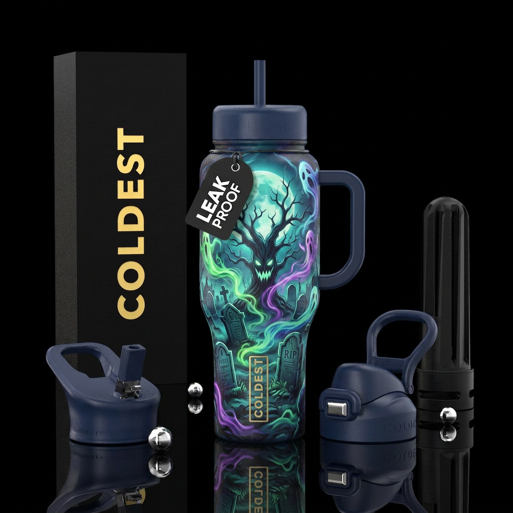 smoke, haunted, grave yard,  moonlight,, dark mood... water bottle design