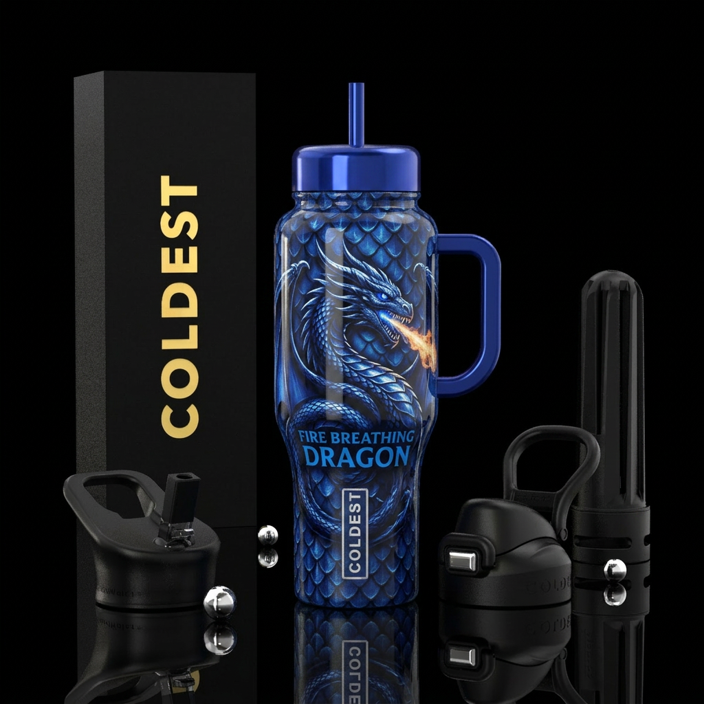 sapphire eyes. Dragon shiny dark blue.fire breathi... water bottle design